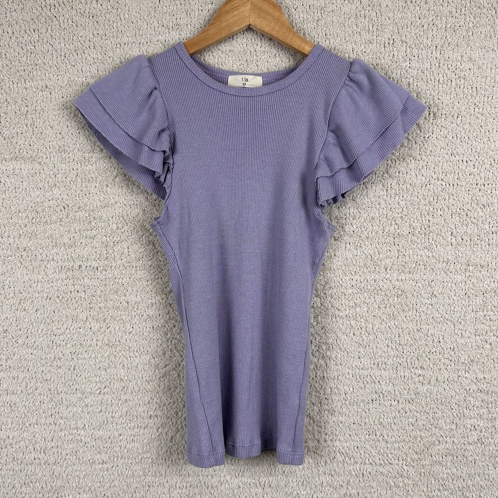T.La Anthropologie Top Womens XXS Sky Flutter Sleeve Cotton Blend Knit Ribbed